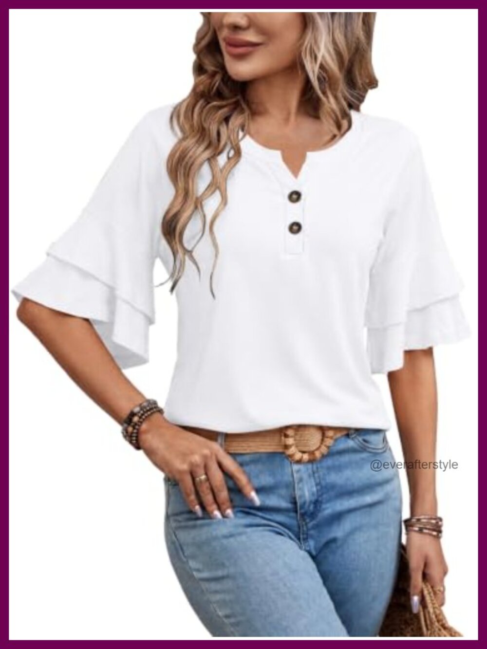 Womens Henley Blouse V Neck Button Down Ruffle Bell Sleeve Tunic Top